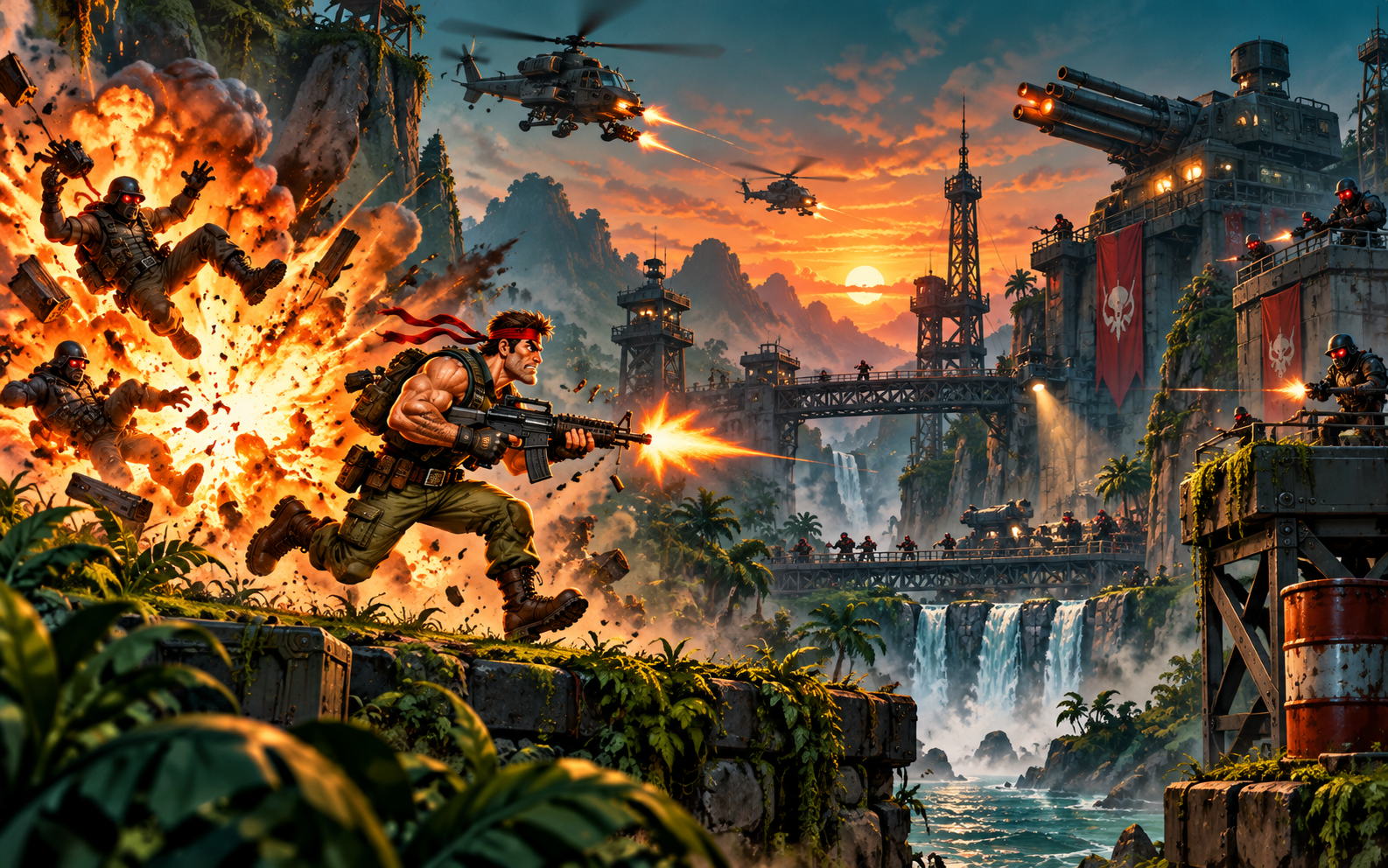 Jogo de ação ilustrado em cenário de selva