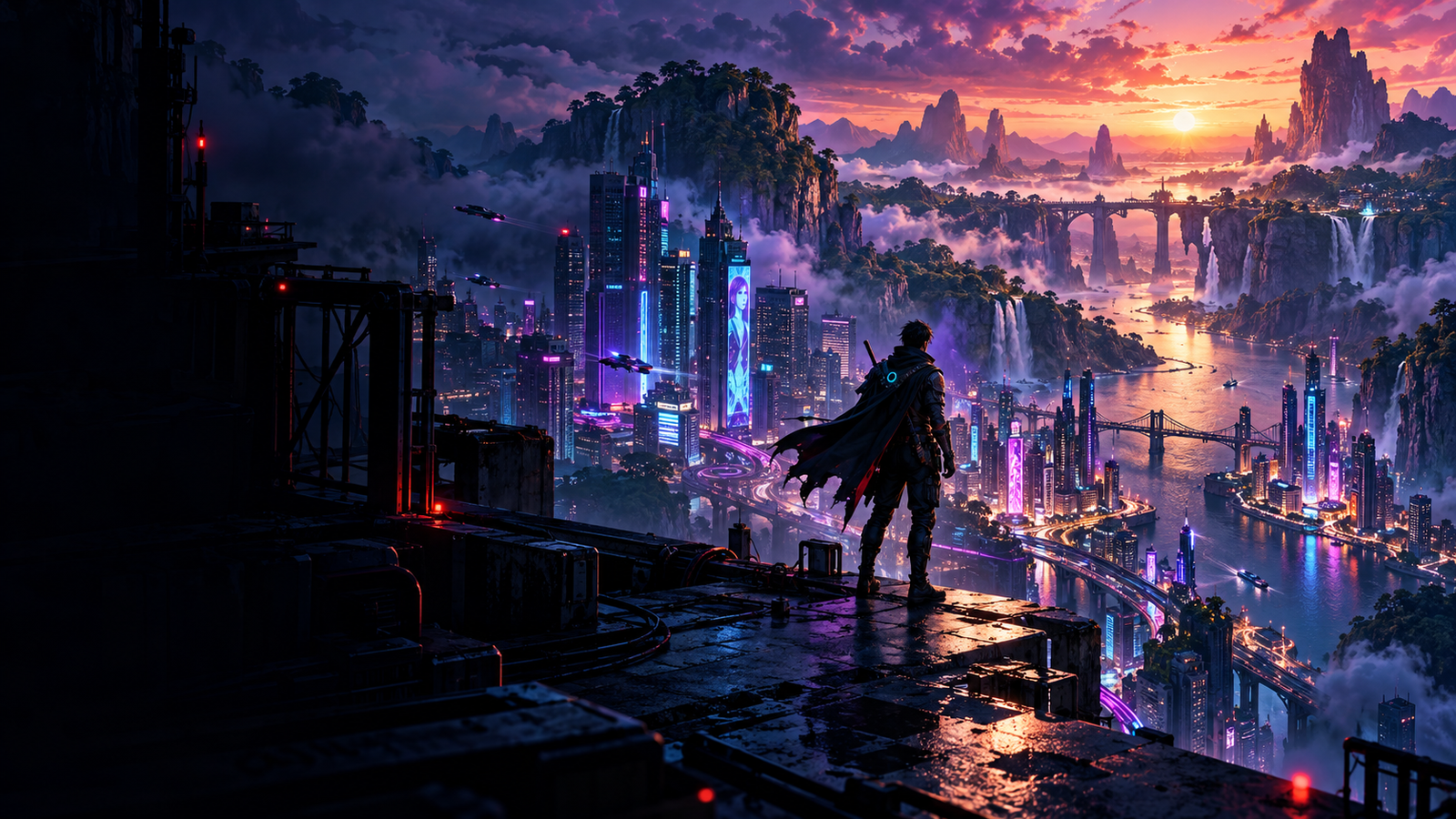 Cidade futurista cercada por montanhas